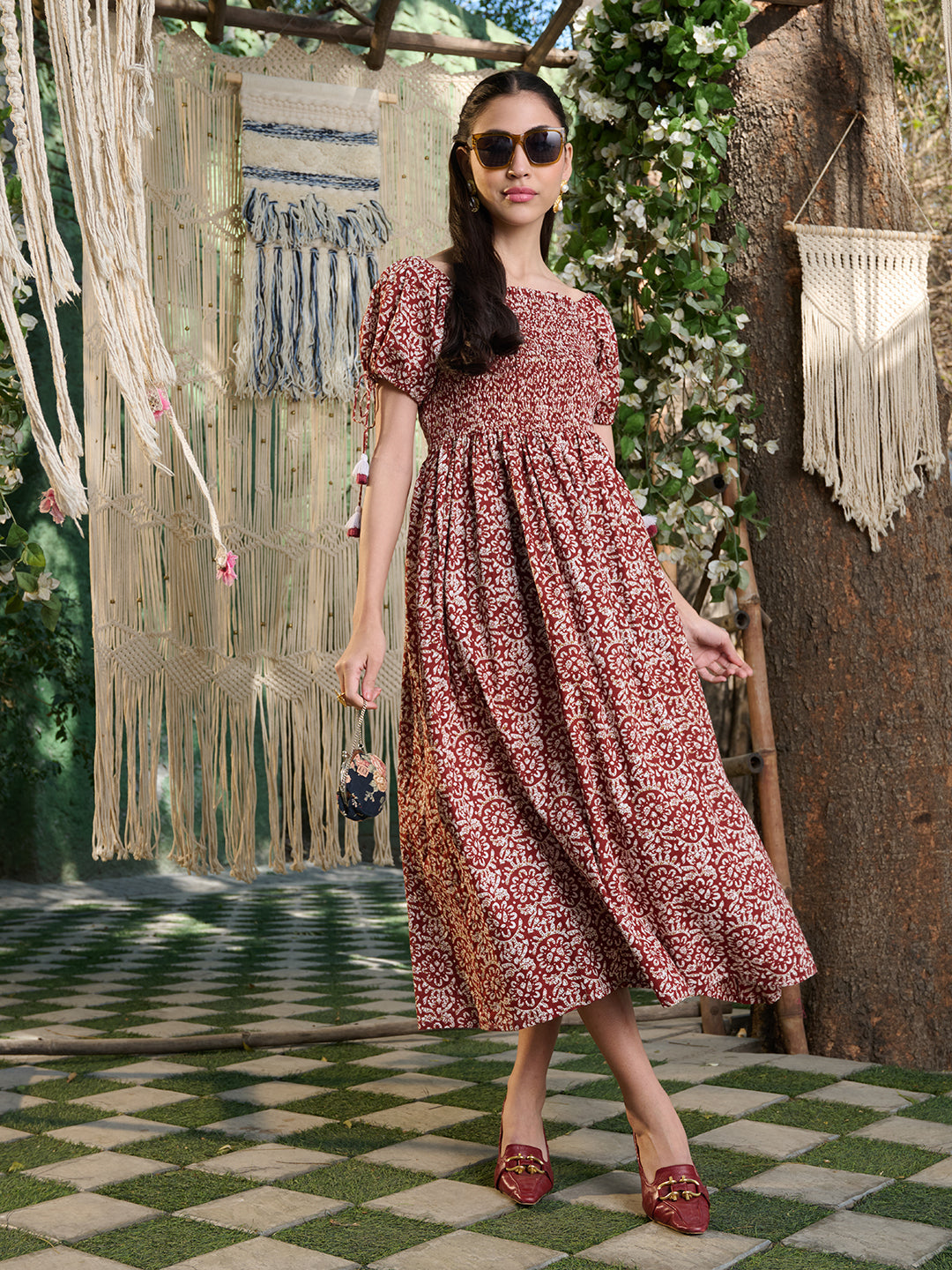 Rust Floral Printed Cotton Flared Dress (Pre-Order)