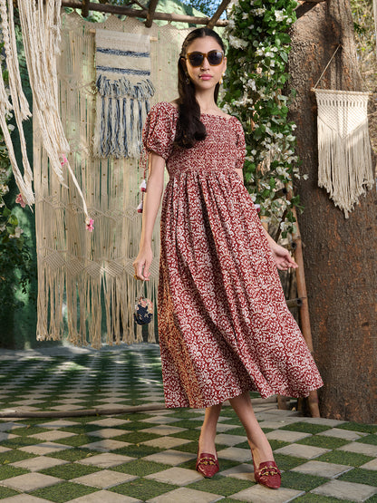 Rust Floral Printed Cotton Flared Dress (Pre-Order)
