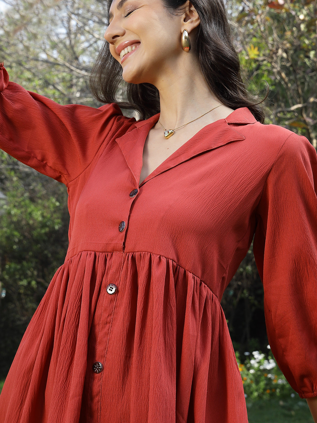 Rust Solid Italian Crepe Flared Dress