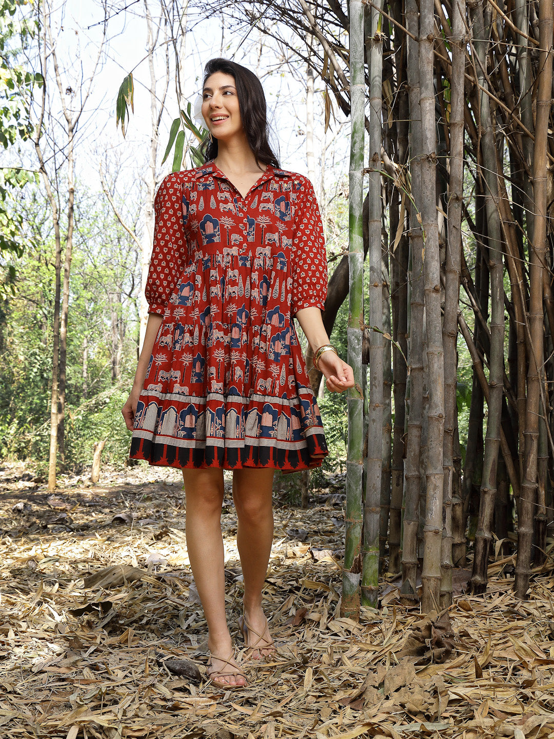 Women's Rust Ethnic Printed Cotton Flared Dress