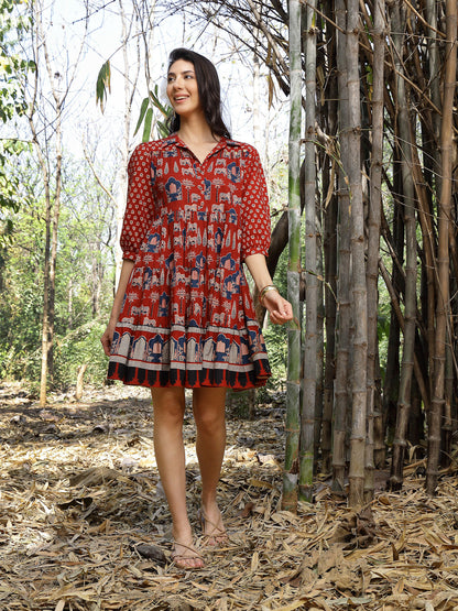 Women's Rust Ethnic Printed Cotton Flared Dress