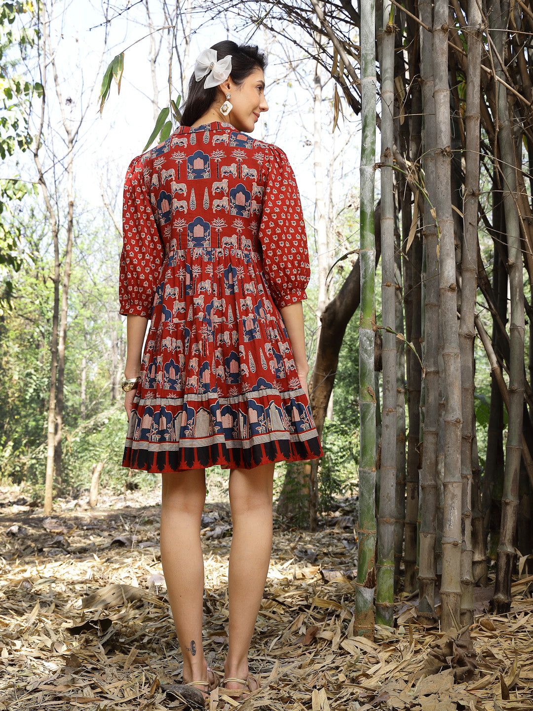 Women's Rust Ethnic Printed Cotton Flared Dress
