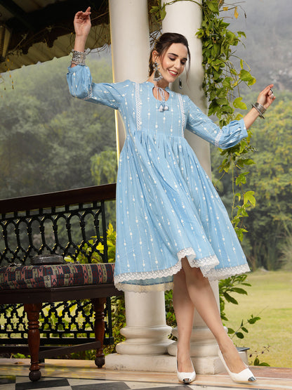 Sky Blue Printed Cotton Flared Dress (Pre-Order)