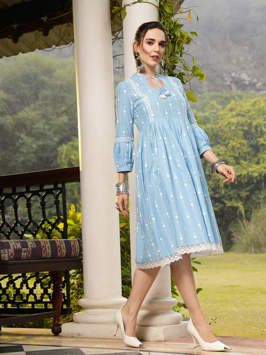 Sky Blue Printed Cotton Flared Dress