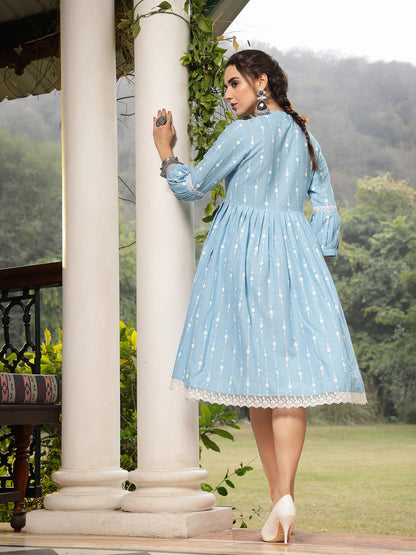 Sky Blue Printed Cotton Flared Dress (Pre-Order)