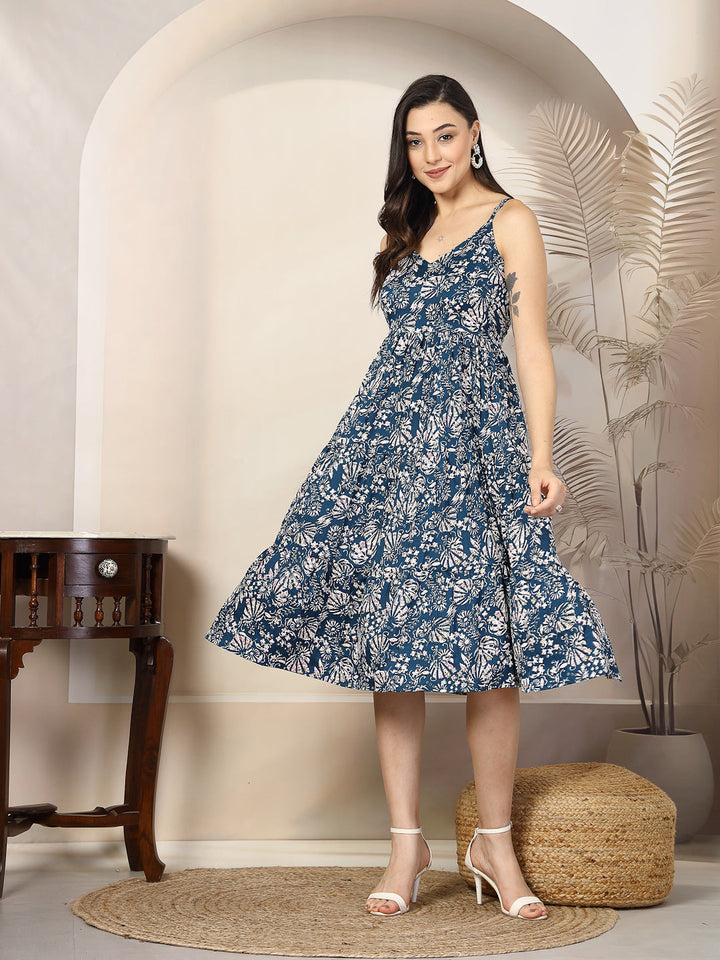 Teal Blue Floral Printed Polyester Tiered Strappy Dress