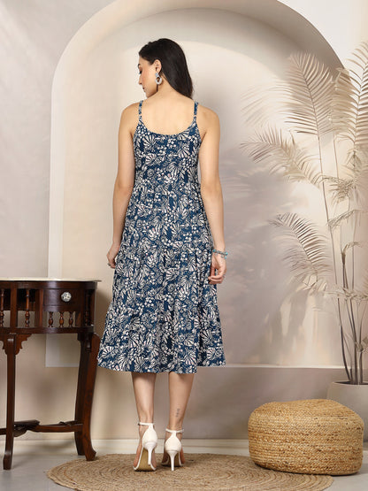 Teal Blue Floral Printed Polyester Tiered Strappy Dress (Pre-Order)