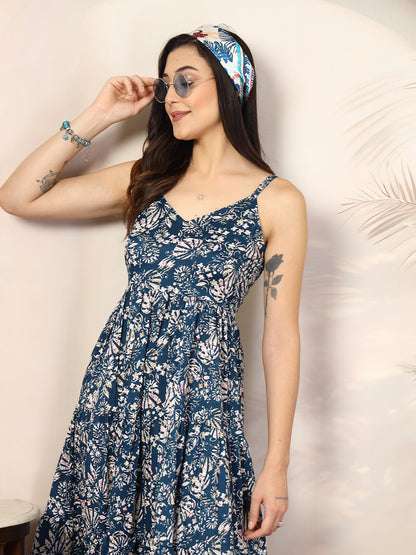 Teal Blue Floral Printed Polyester Tiered Strappy Dress (Pre-Order)