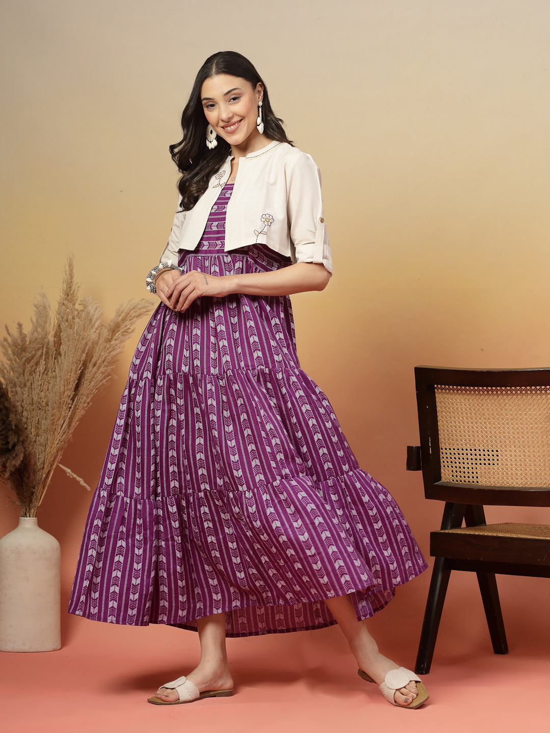 Woven Printed Cotton Tiered Dress With Cotton Flax Jacket