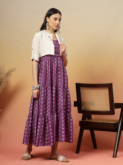 Woven Printed Cotton Tiered Dress With Cotton Flax Jacket