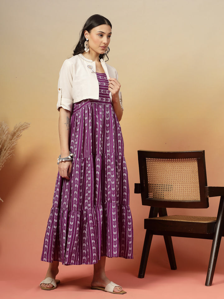 Woven Printed Cotton Tiered Dress With Cotton Flax Jacket