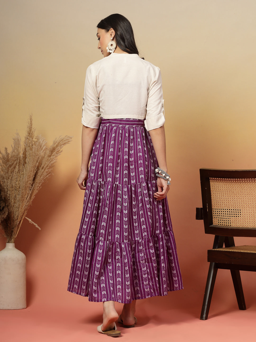 Woven Printed Cotton Tiered Dress With Cotton Flax Jacket