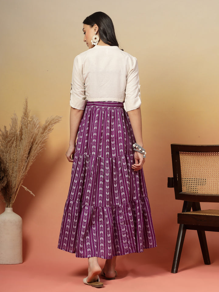 Woven Printed Cotton Tiered Dress With Cotton Flax Jacket