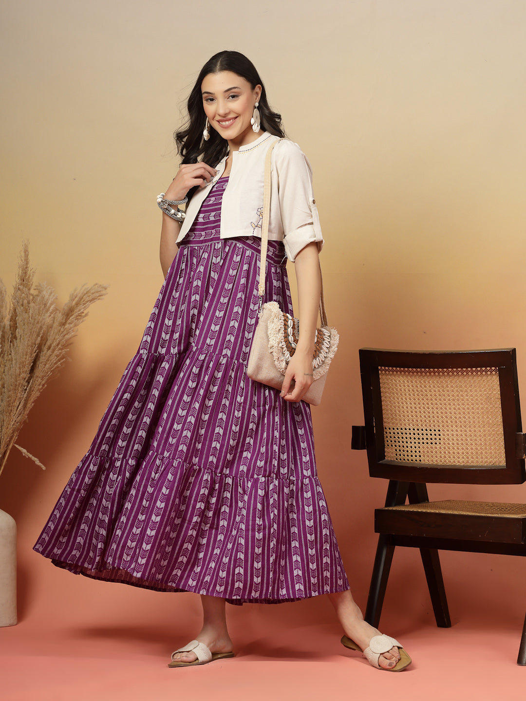 Woven Printed Cotton Tiered Dress With Cotton Flax Jacket