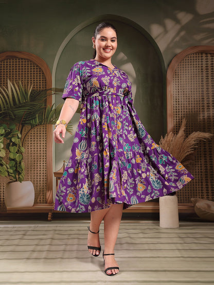 Plus Size Violet Tropical Printed Rayon Tiered Dress