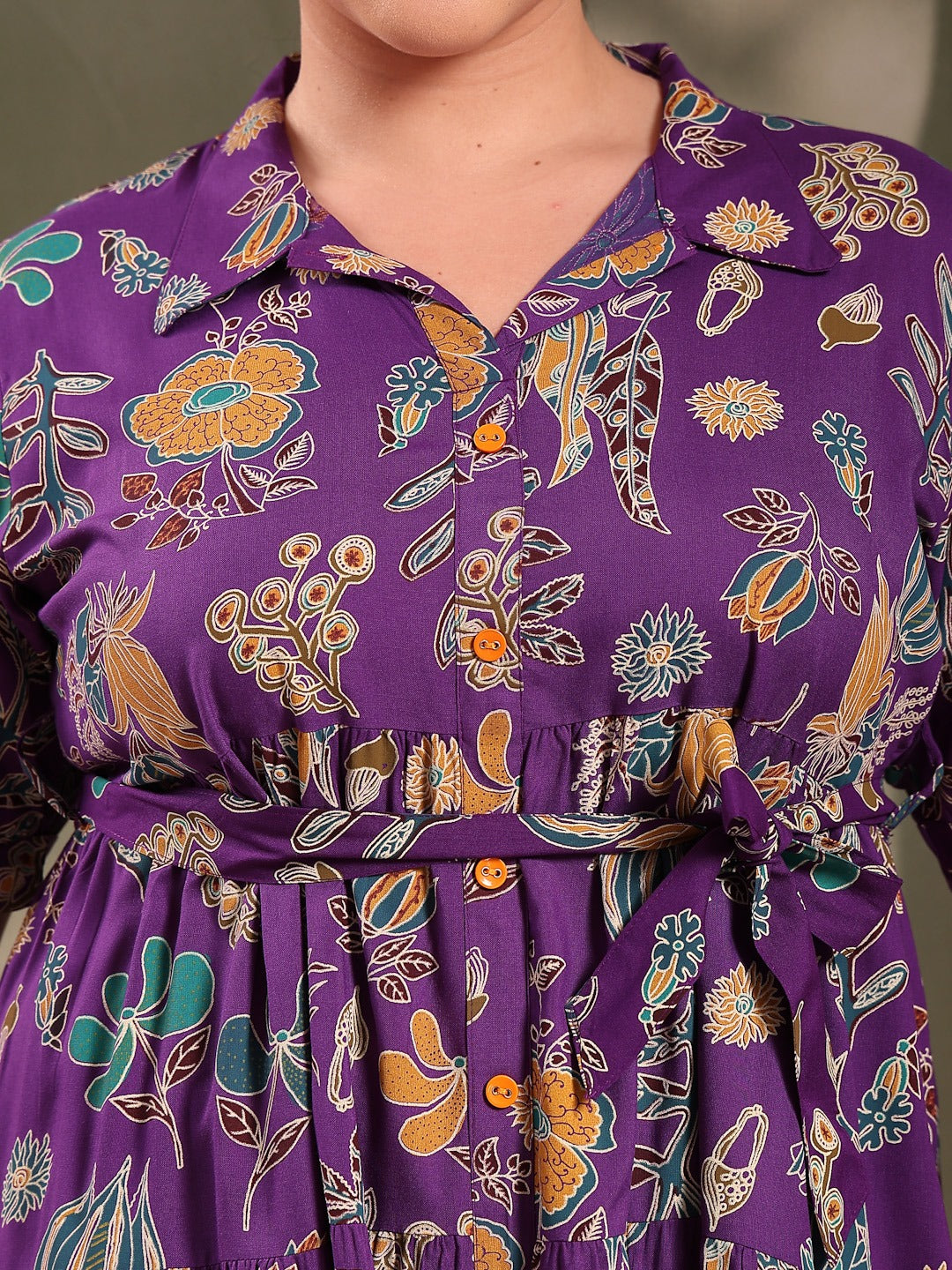 Plus Size Violet Tropical Printed Rayon Tiered Dress