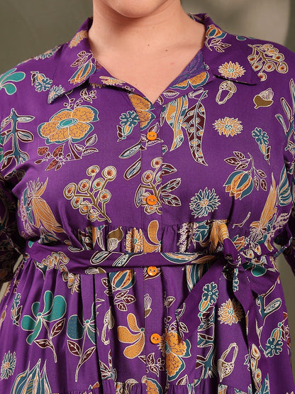 Plus Size Violet Tropical Printed Rayon Tiered Dress (Pre-Order)