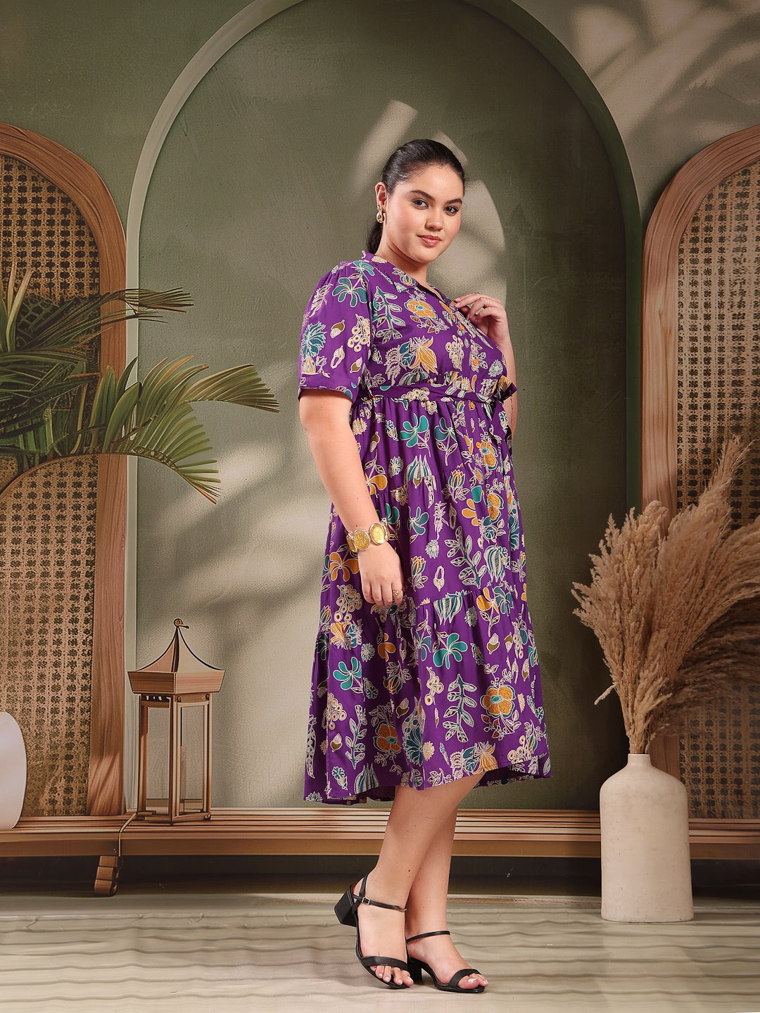 Plus Size Violet Tropical Printed Rayon Tiered Dress