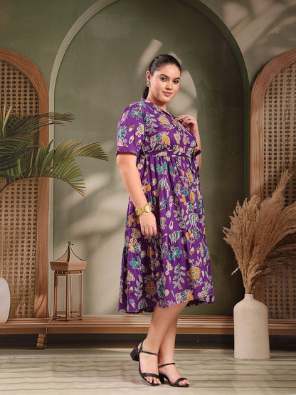 Plus Size Violet Tropical Printed Rayon Tiered Dress