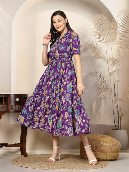 Violet Tropical Printed Rayon Tiered Dress (Pre-Order)