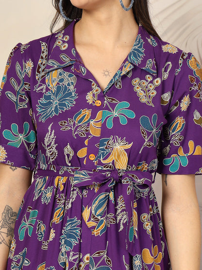 Violet Tropical Printed Rayon Tiered Dress (Pre-Order)