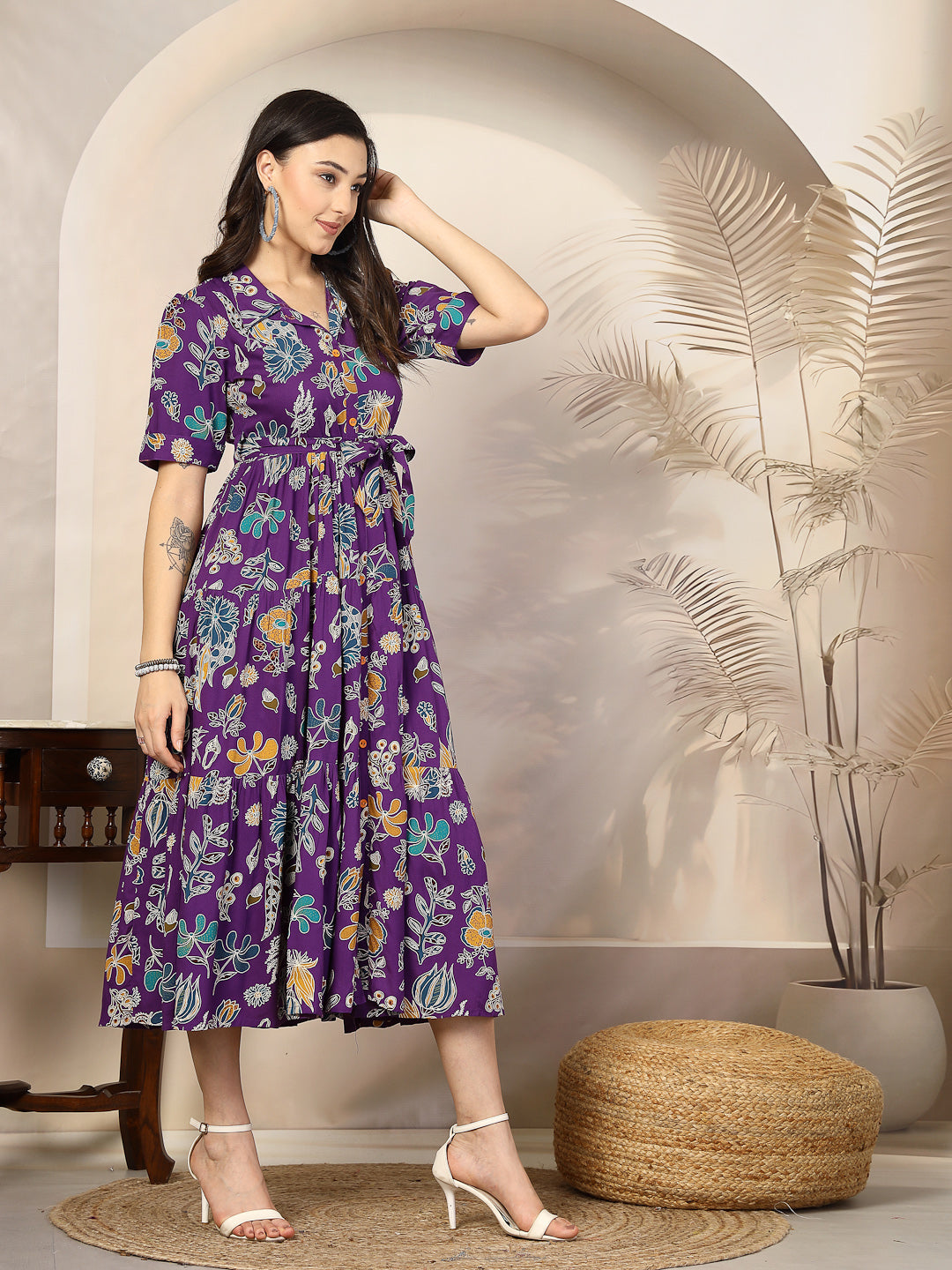 Violet Tropical Printed Rayon Tiered Dress (Pre-Order)