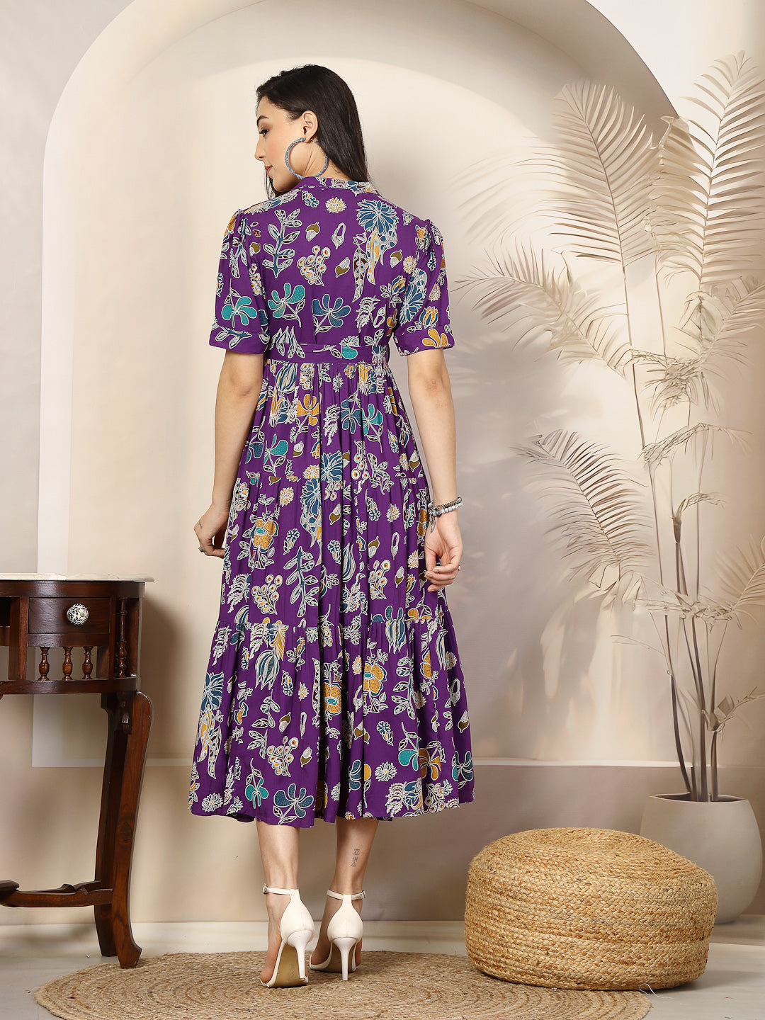Violet Tropical Printed Rayon Tiered Dress (Pre-Order)