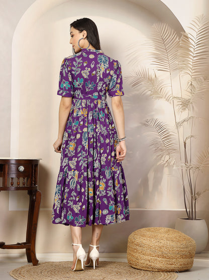 Violet Tropical Printed Rayon Tiered Dress (Pre-Order)