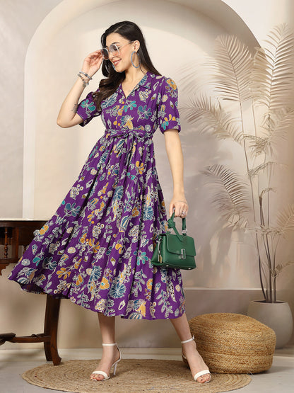 Violet Tropical Printed Rayon Tiered Dress (Pre-Order)