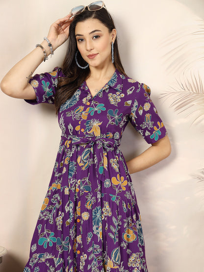 Violet Tropical Printed Rayon Tiered Dress (Pre-Order)