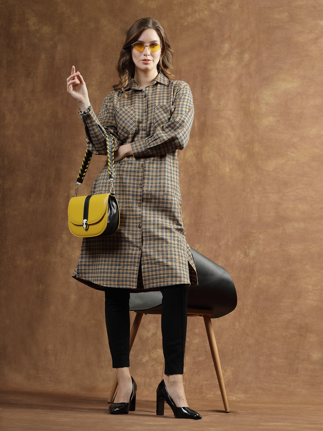 Semi Woolen Checked Wool Blend Blazer Dress
