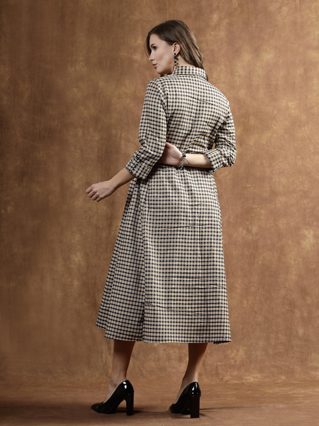 Semi Woolen Checked Wool Blend A-Line Dress
