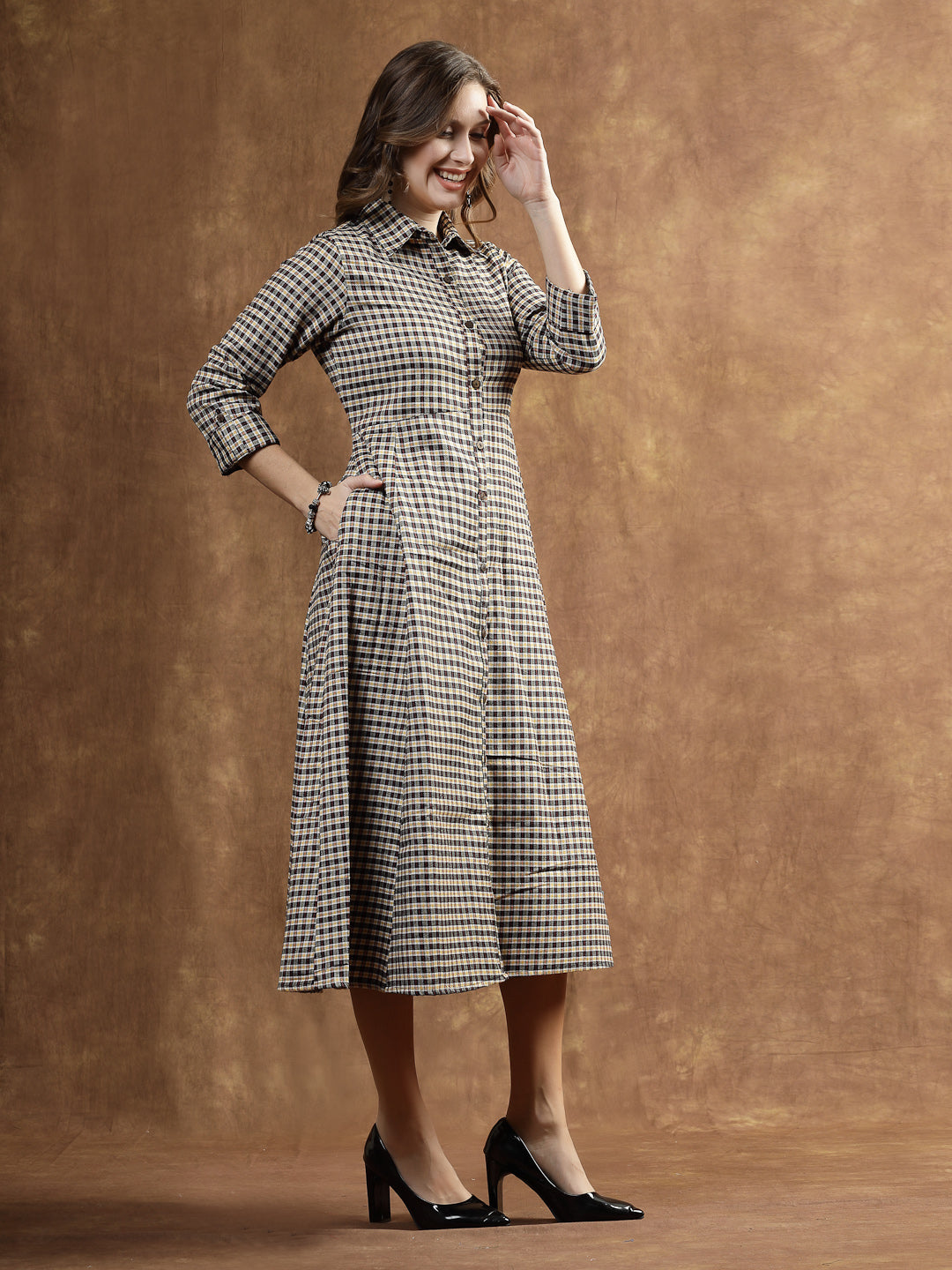 Semi Woolen Checked Wool Blend A-Line Dress
