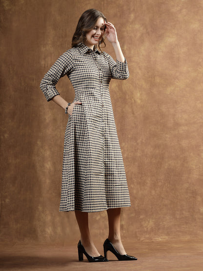 Semi Woolen Checked Wool Blend A-Line Dress