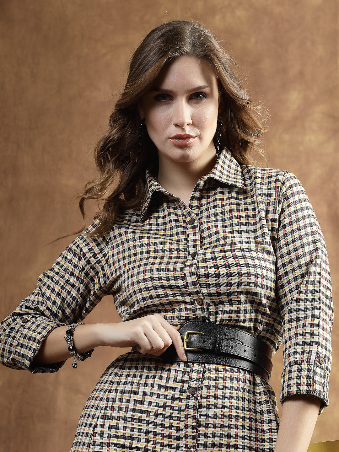 Semi Woolen Checked Wool Blend A-Line Dress