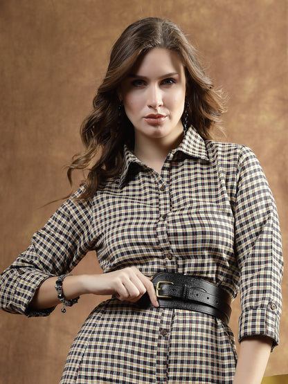 Semi Woolen Checked Wool Blend A-Line Dress