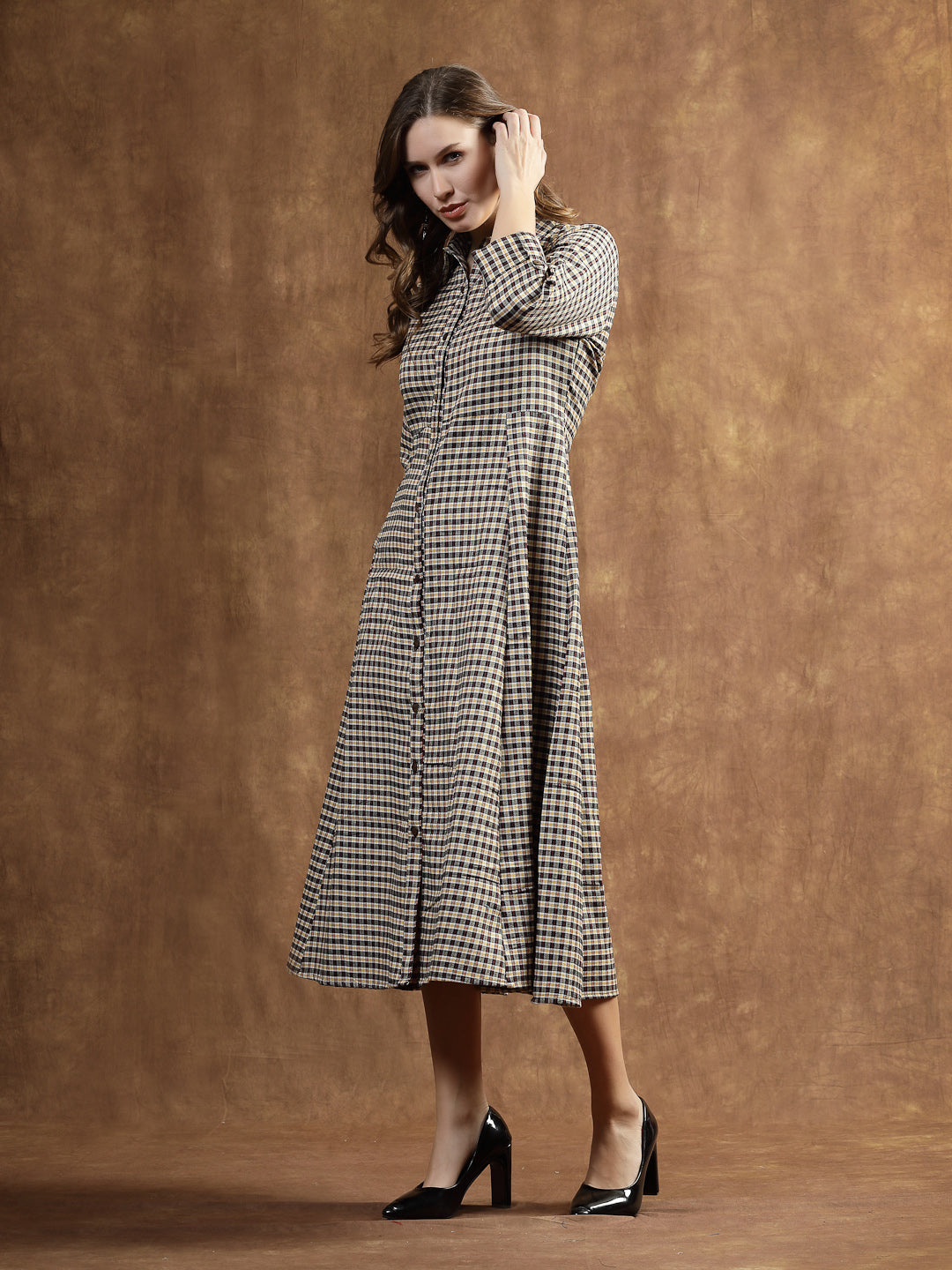 Semi Woolen Checked Wool Blend A-Line Dress