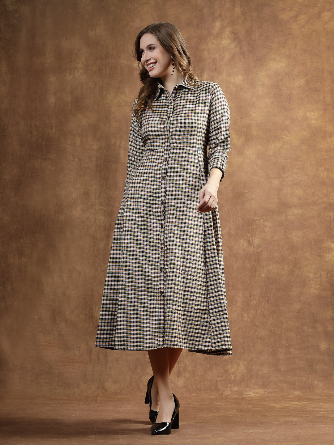 Semi Woolen Checked Wool Blend A-Line Dress (Pre-Order)