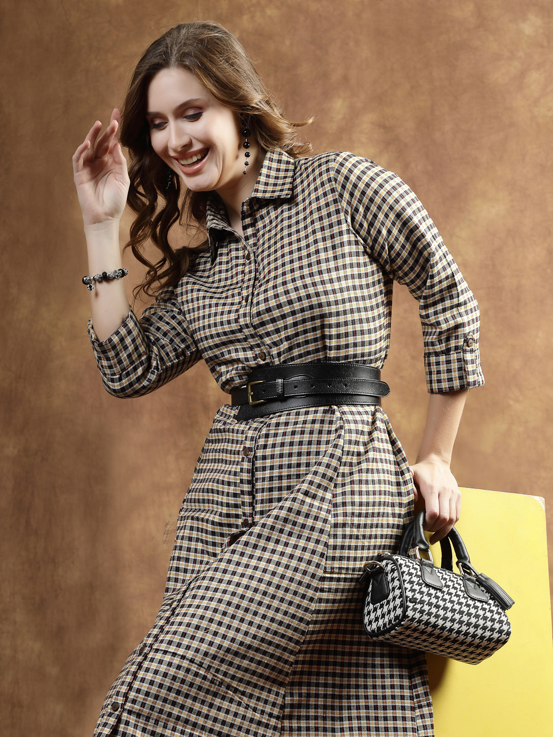 Semi Woolen Checked Wool Blend A-Line Dress