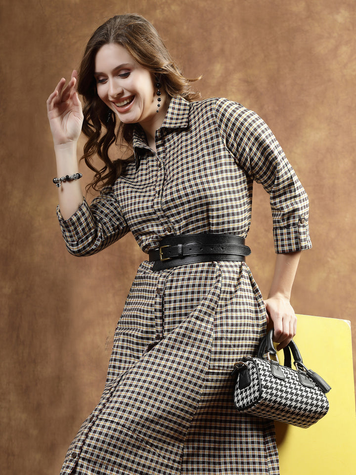 Semi Woolen Checked Wool Blend A-Line Dress