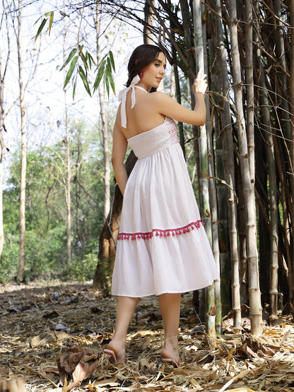 White Solid & Embroidered Italian Crepe Flared Dress