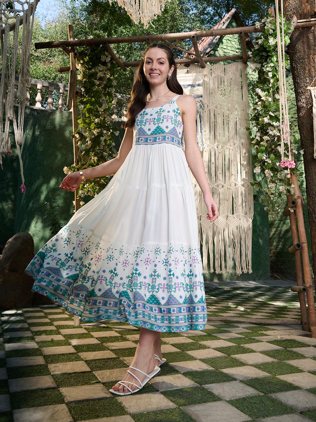 White Ikat Printed Rayon Tiered Dress