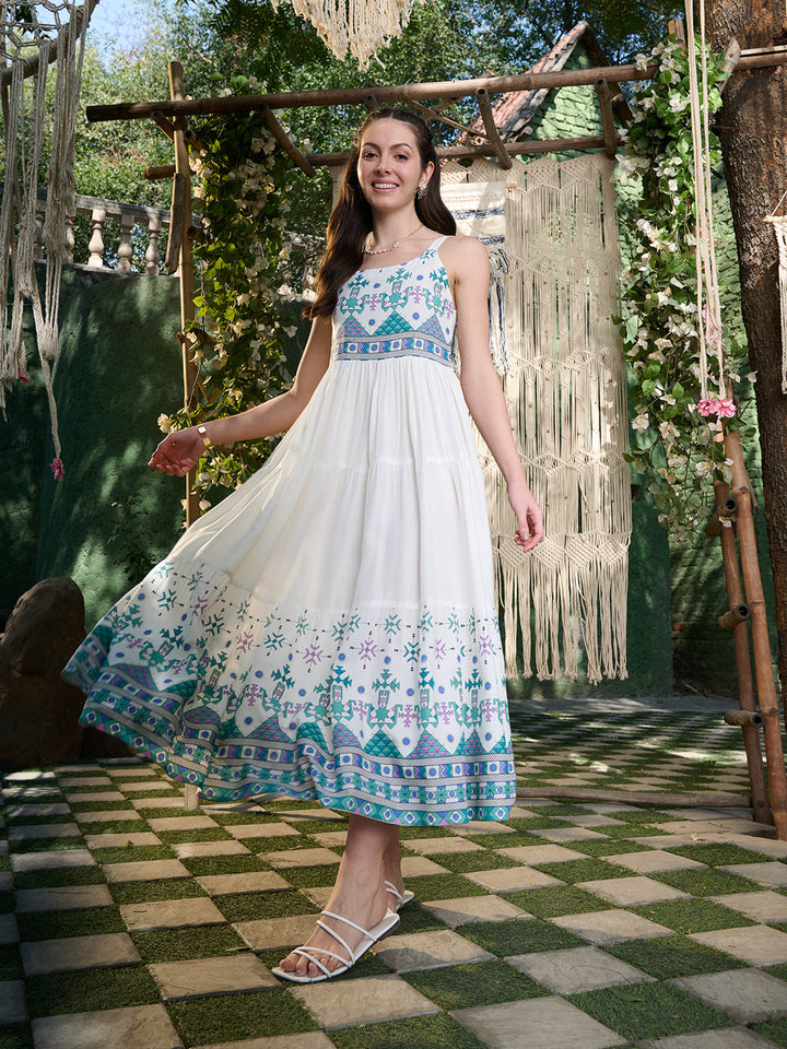 White Ikat Printed Rayon Tiered Dress