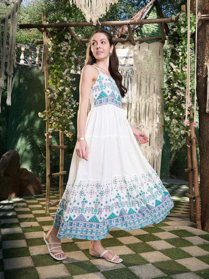 White Ikat Printed Rayon Tiered Dress