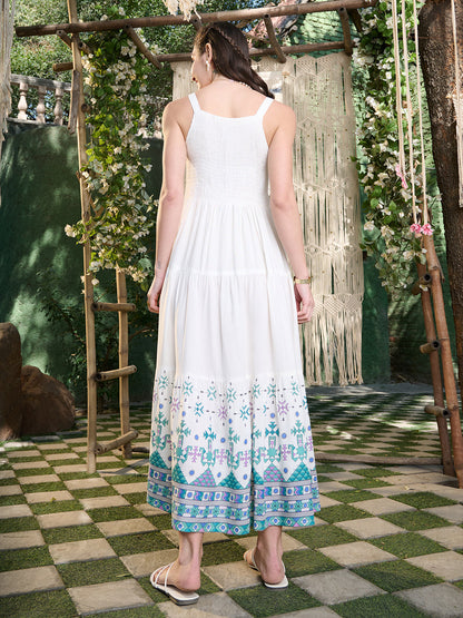 White Ikat Printed Rayon Tiered Dress (Pre-Order)