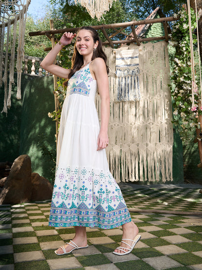 White Ikat Printed Rayon Tiered Dress