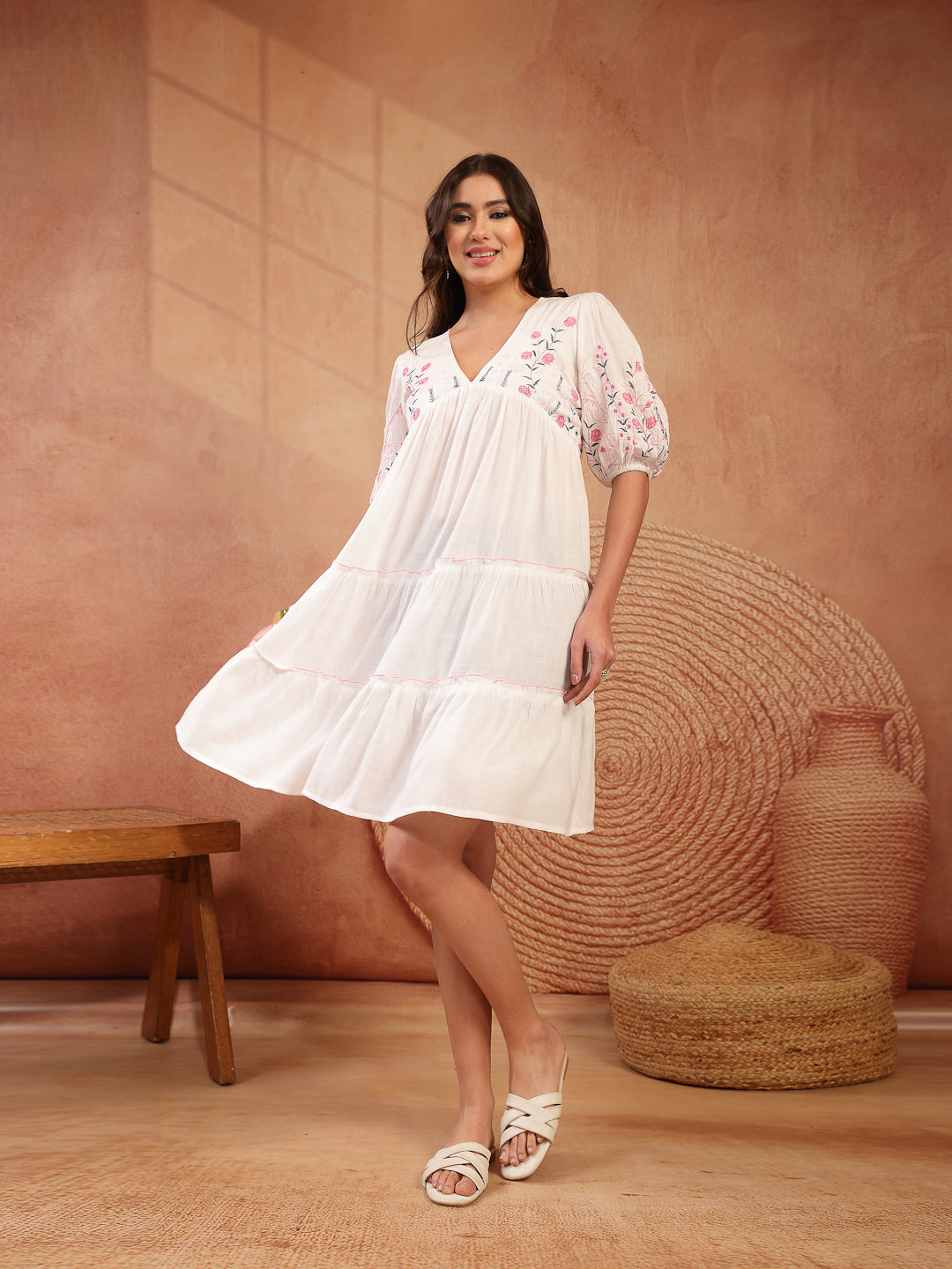 Solid &amp; Embroidered Rayon Tiered Dress