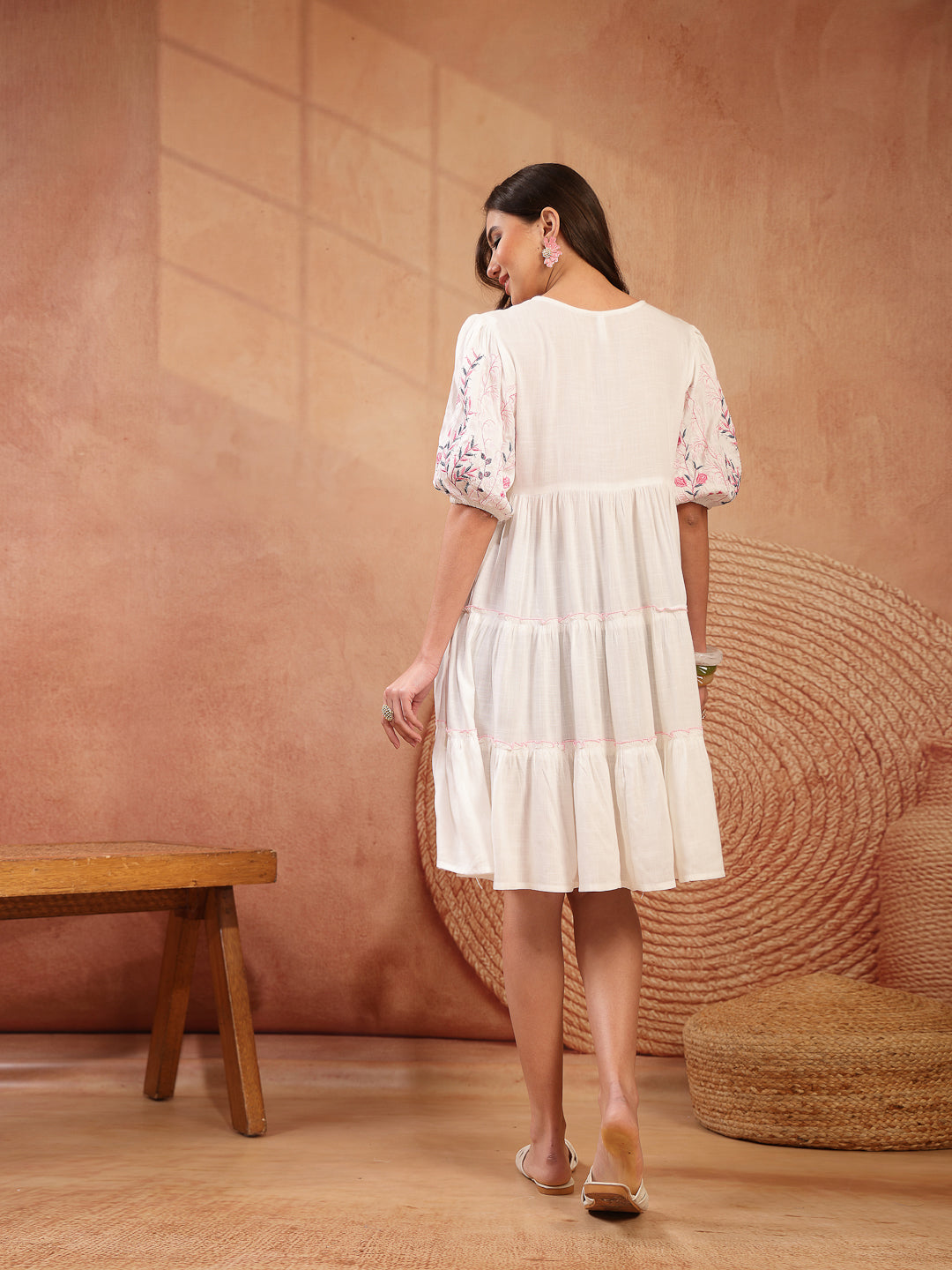 Solid &amp; Embroidered Rayon Tiered Dress