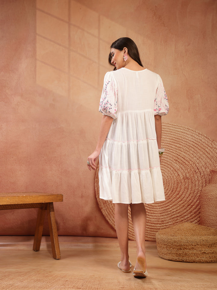Solid &amp; Embroidered Rayon Tiered Dress