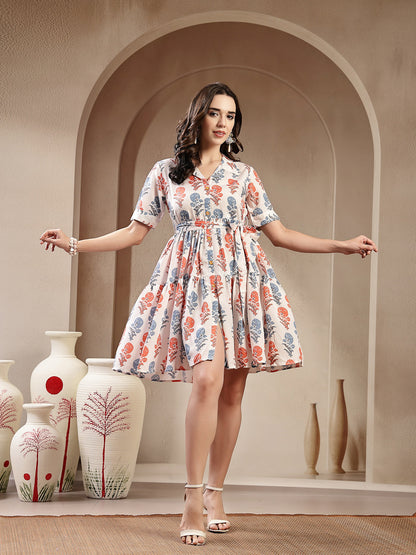 White Floral Printed Cotton Blend Tiered Dress (Pre-Order)